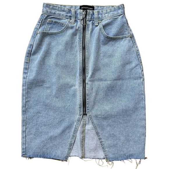Pretty Little Thing Light Wash High Waist Midi Denim Skirt Front Zip US Size 2 - Picture 1 of 8
